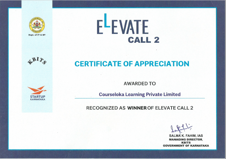 Startup Certificate by Karnataka Startup Cell, Department of IT,BT